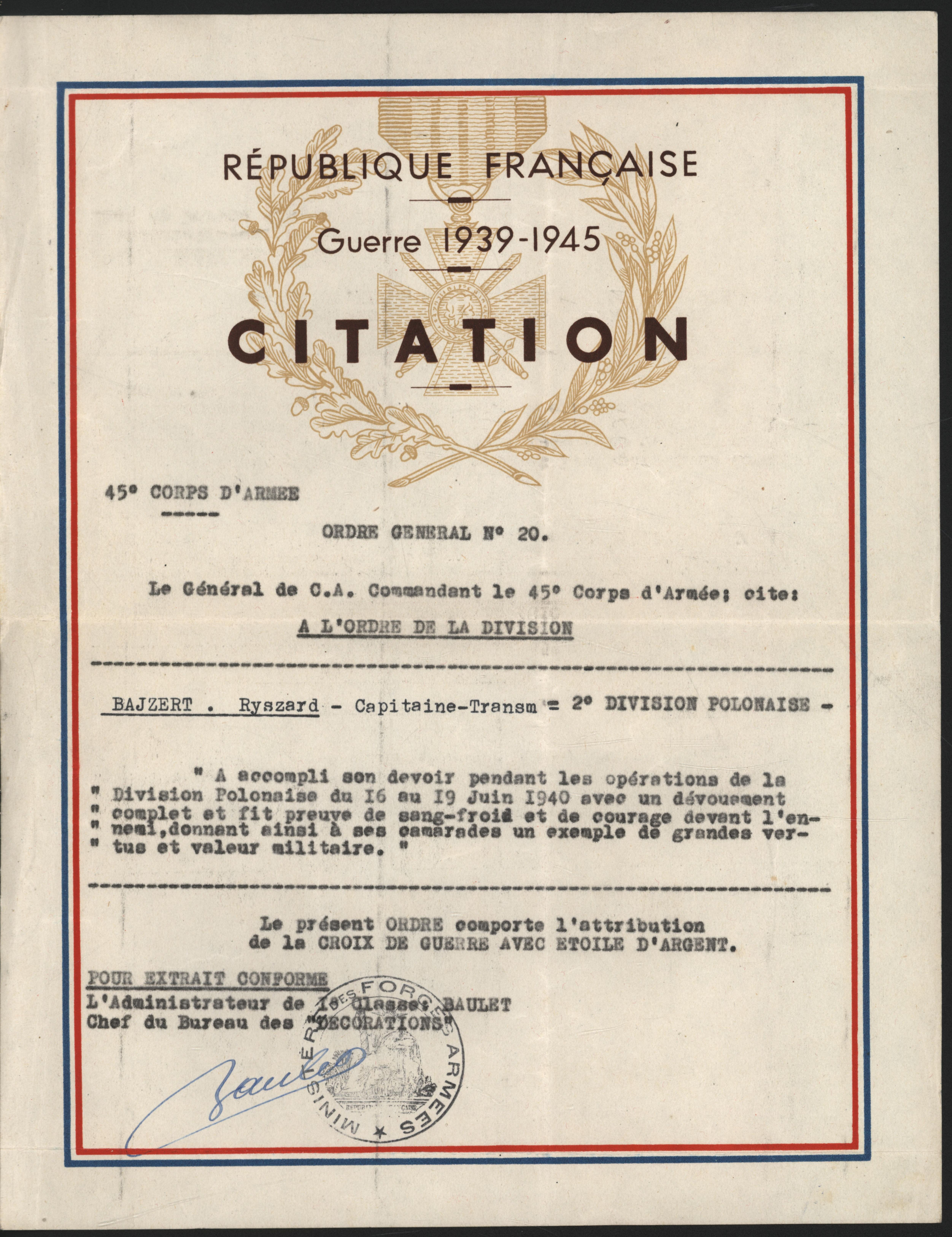 Dokumentacja potwierdzająca służbę wojskową kpt. Ryszarda Bajzerta w Polskich Siłach Zbrojnych na Zachodzie (II wojna światowa)